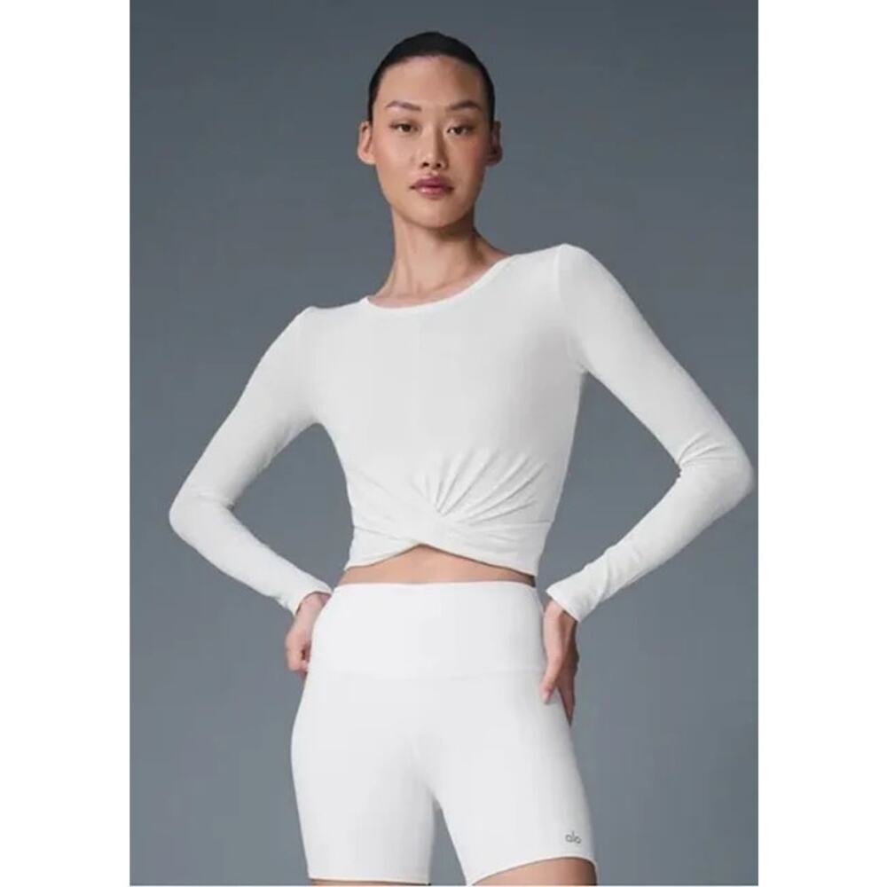 ALO Yoga Cover Long Sleeve Twist Front Crop Top White Ribbed Small Athleisure - Picture 2 of 7